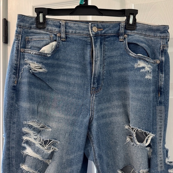 American Eagle Distressed Stretch Mom Jeans Slasher Blue Size 14 XLong - Picture 2 of 15